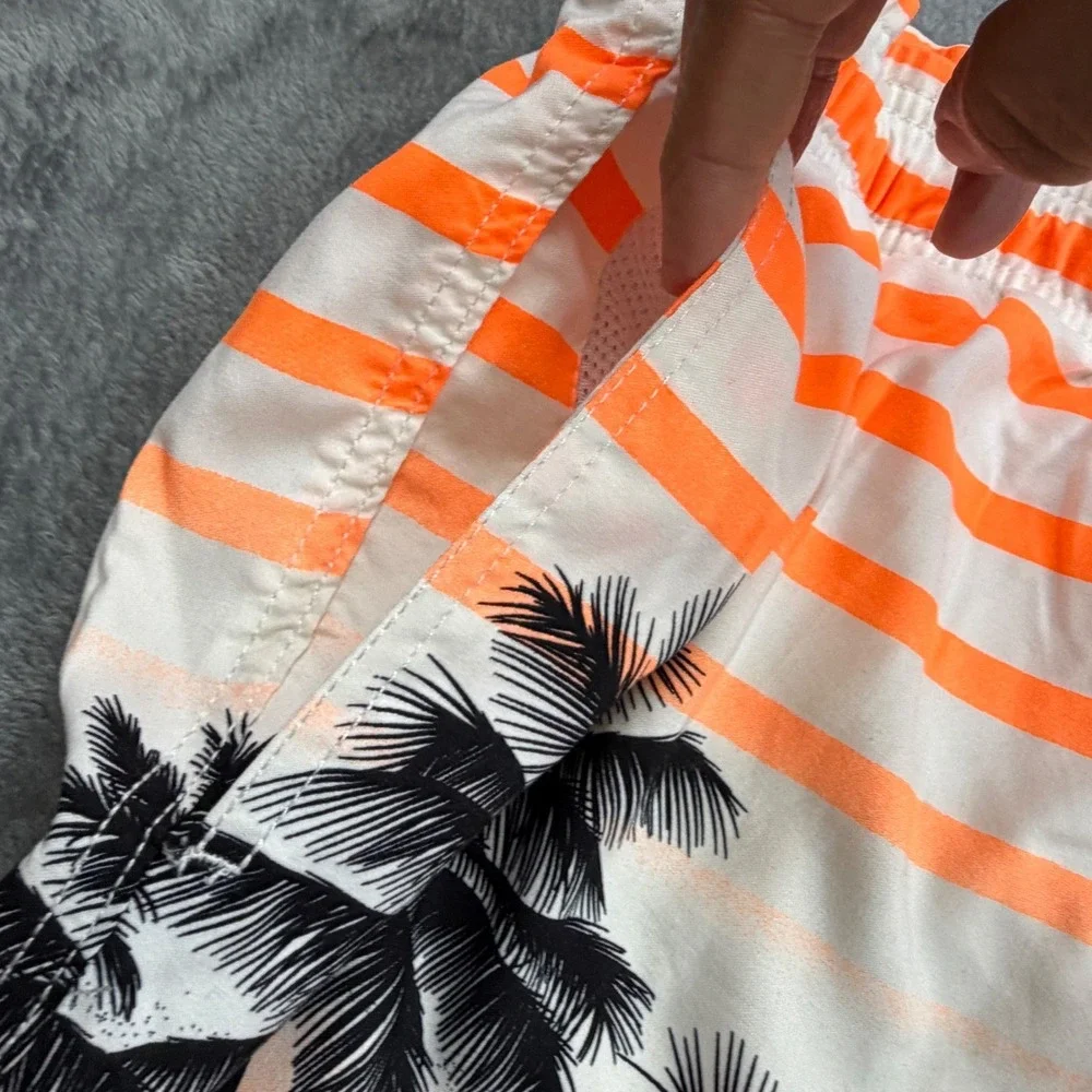 Kailua Surf Mens 3X Swim Trunks Orange White Striped Palm Tree Tropical Sunset‎